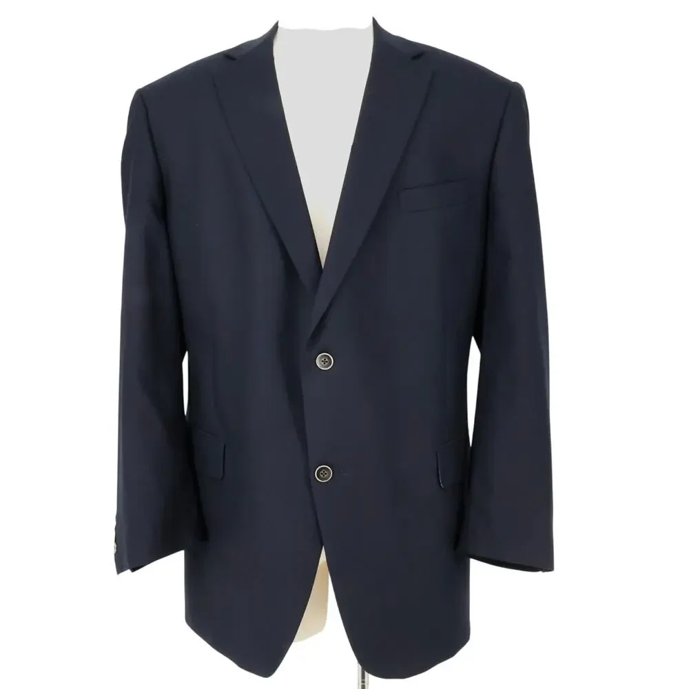 Hart Schaffner Marx Sport Coat Mens 52L Navy Blue Wool Jacket Gold Trumpeter
